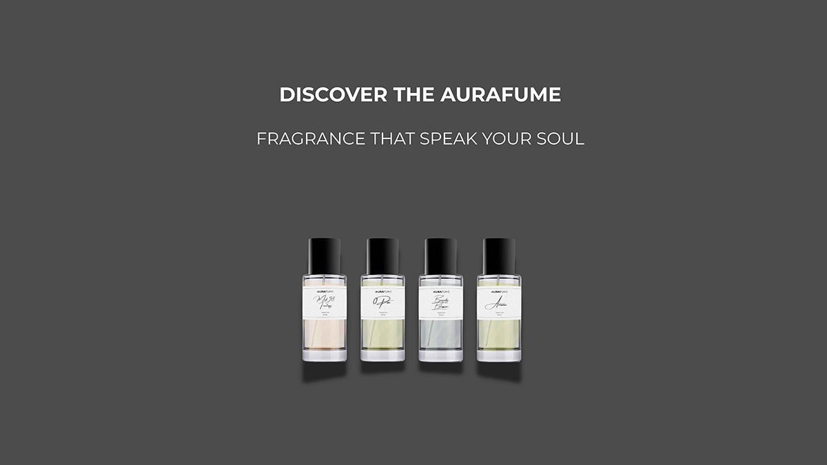 Discover Aurafume fragrances – elegant perfume bottles on a dark background with the tagline "Fragrance That Speak Your Soul".
