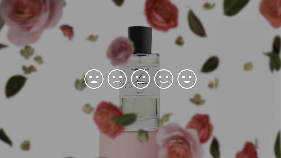 A perfume bottle with floating roses in the background and a row of five face emojis representing different moods in the foreground.