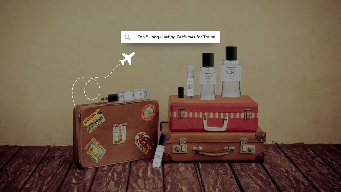 Travel-themed perfume display with vintage suitcases and Aurafume bottles, featuring search bar "Top 5 Perfumes for Travel."