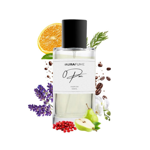 Aurafume 0PM 100ml Parfum with notes of orange blossom, pear, pink pepper, coffee, jasmine, patchouli, vanilla, and cedar.