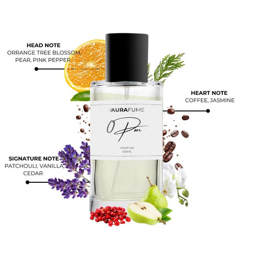 Aurafume 0PM 100ml Parfum with notes of orange blossom, pear, pink pepper, coffee, jasmine, patchouli, vanilla, and cedar.