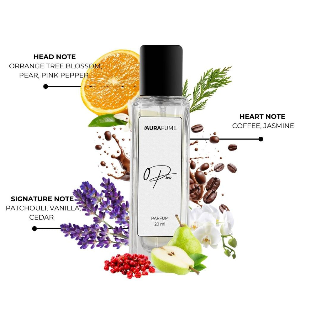 Aurafume 0PM 20ml Parfum with notes of orange blossom, pear, pink pepper, coffee, jasmine, patchouli, vanilla, and cedar.