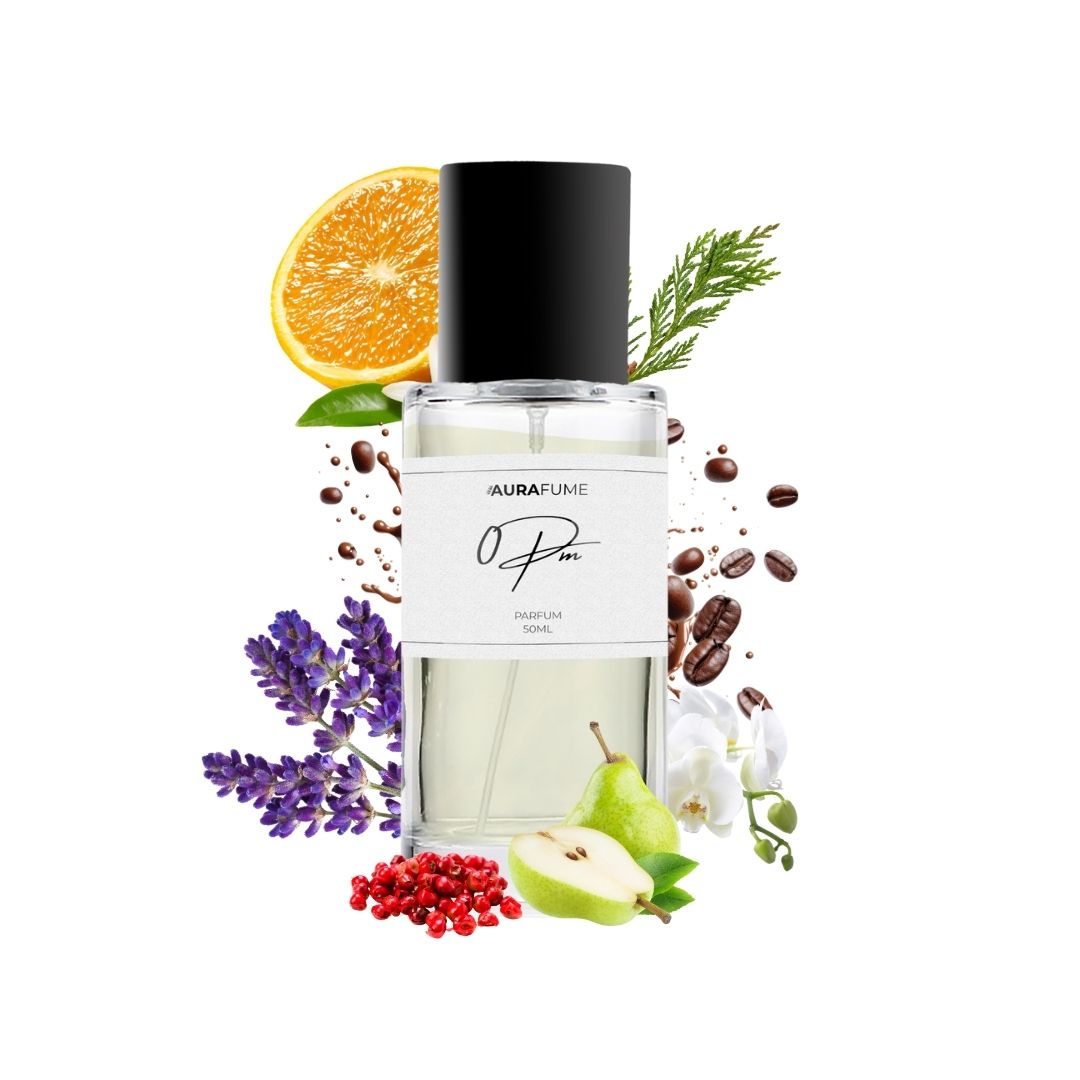 Aurafume 0PM 50ml Parfum with notes of orange blossom, pear, pink pepper, coffee, jasmine, patchouli, vanilla, and cedar.
