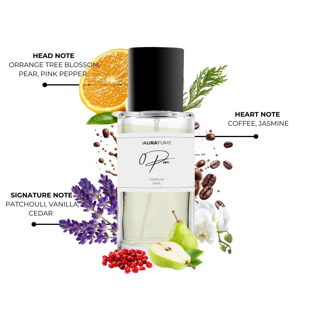 Aurafume 0PM 50ml Parfum with notes of orange blossom, pear, pink pepper, coffee, jasmine, patchouli, vanilla, and cedar.