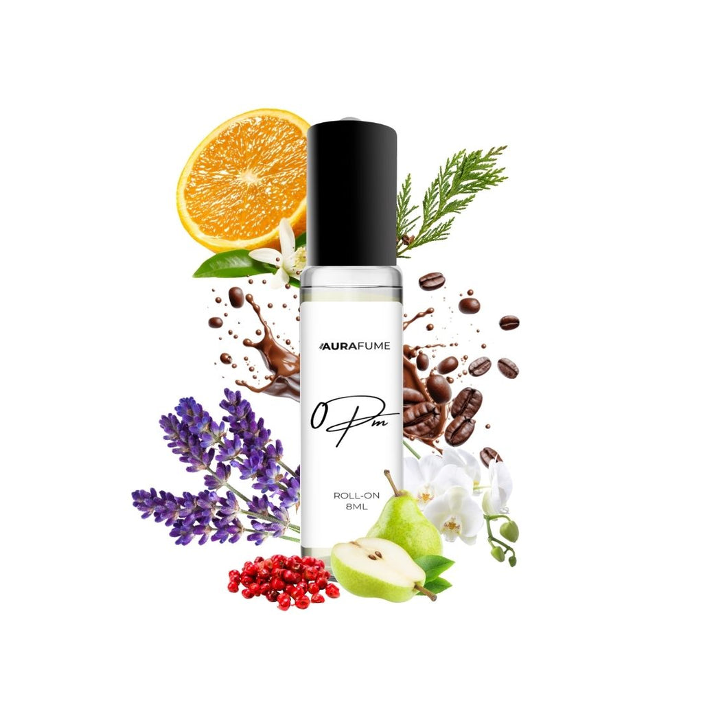 Aurafume 0PM 8ml roll-on with notes of orange blossom, pear, pink pepper, coffee, jasmine, patchouli, vanilla, and cedar.