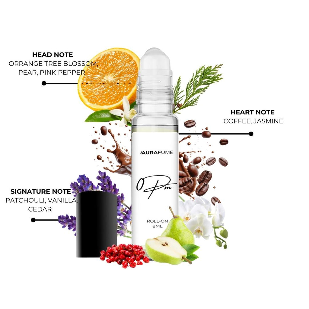 Aurafume 0PM 8ml roll-on with notes of orange blossom, pear, pink pepper, coffee, jasmine, patchouli, vanilla, and cedar.