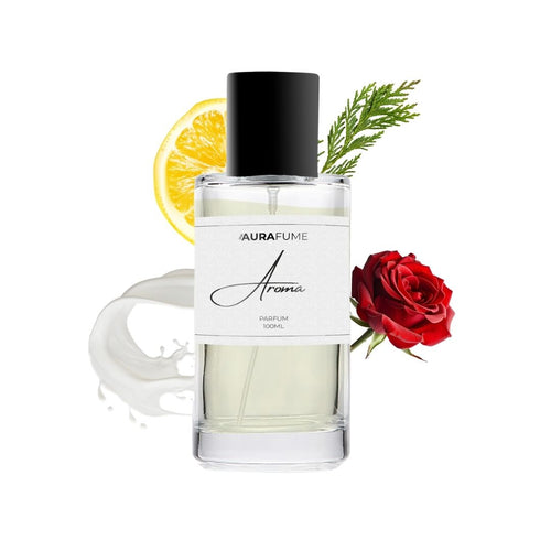 Aurafume Aroma 100ml Parfum with notes of Italian lemon, Turkish rose, vanilla, and cedar, presented in a sleek glass bottle.