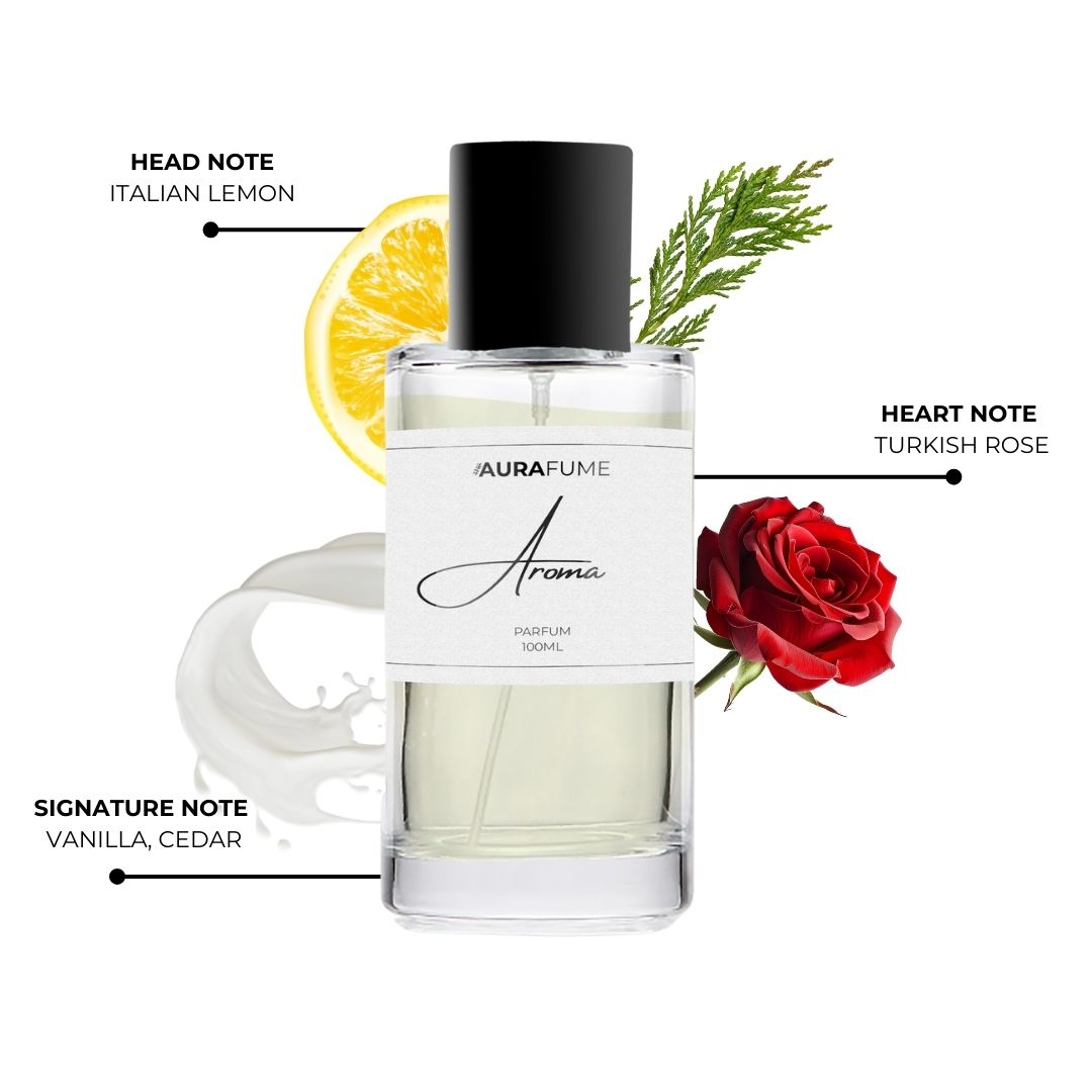 Aurafume Aroma 100ml Parfum with notes of Italian lemon, Turkish rose, vanilla, and cedar, presented in a sleek glass bottle.
