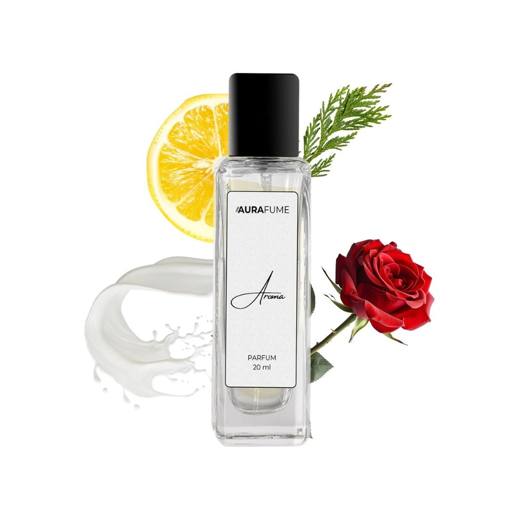 Aurafume Aroma 20ml Parfum with notes of Italian lemon, Turkish rose, vanilla, and cedar, presented in a sleek glass bottle.