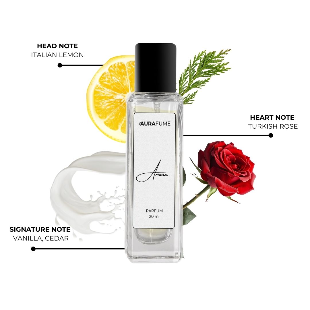Aurafume Aroma 20ml Parfum with notes of Italian lemon, Turkish rose, vanilla, and cedar, presented in a sleek glass bottle.