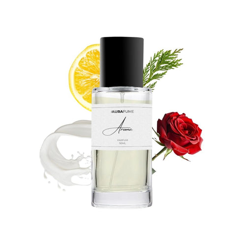 Aurafume Aroma 50ml Parfum with notes of Italian lemon, Turkish rose, vanilla, and cedar, presented in a sleek glass bottle.