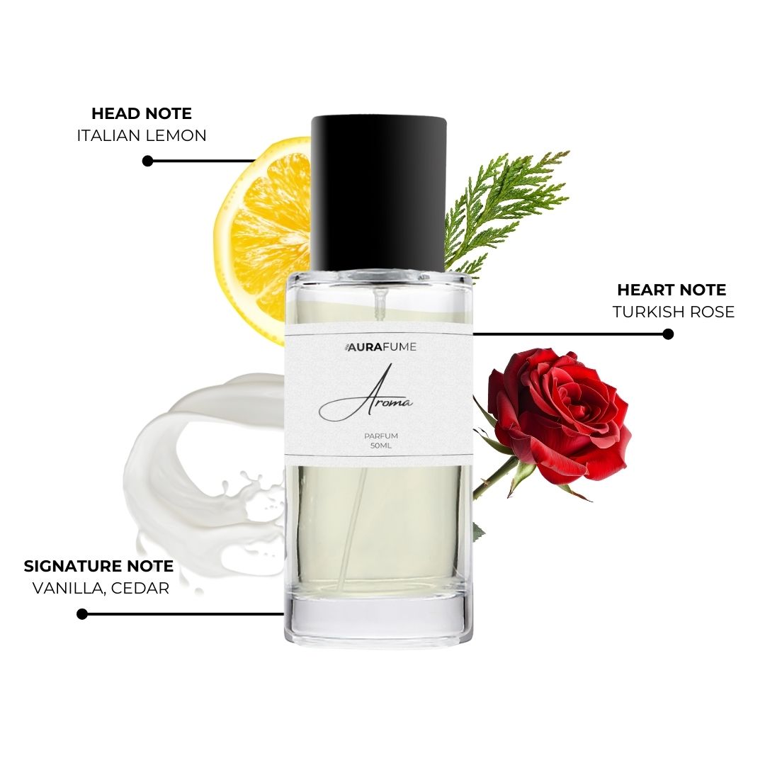 Aurafume Aroma 50ml Parfum with notes of Italian lemon, Turkish rose, vanilla, and cedar, presented in a sleek glass bottle.