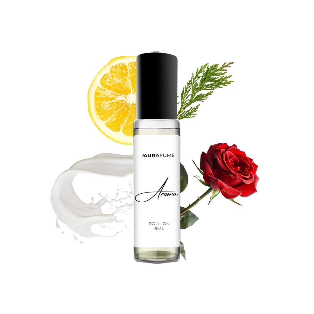 Aurafume Aroma 8ml roll-on with notes of Italian lemon, Turkish rose, vanilla, and cedar, presented in a sleek glass bottle.