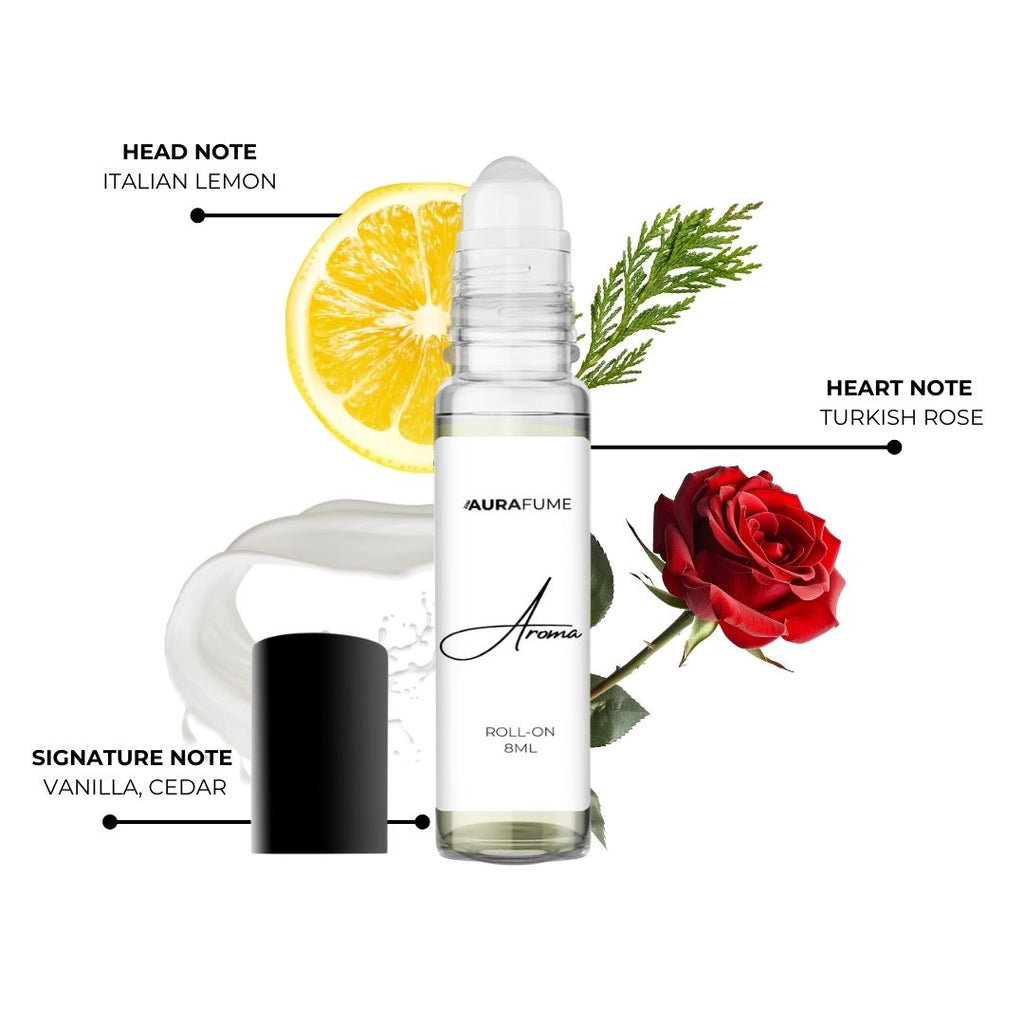 Aurafume Aroma 8ml roll-on with notes of Italian lemon, Turkish rose, vanilla, and cedar, presented in a sleek glass bottle.