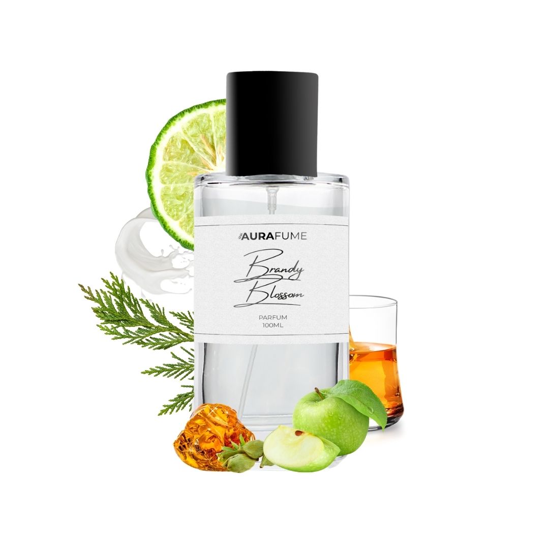 Aurafume Brandy Blossom 100ml Parfum with notes of bergamot, cardamom, brandy, apple, pineapple, vanilla, oakmoss, cedar, and ambroxan.