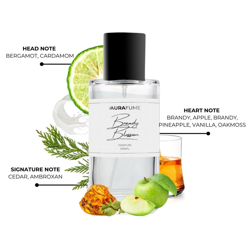 Aurafume Brandy Blossom 100ml Parfum with notes of bergamot, cardamom, brandy, apple, pineapple, vanilla, oakmoss, cedar, and ambroxan.