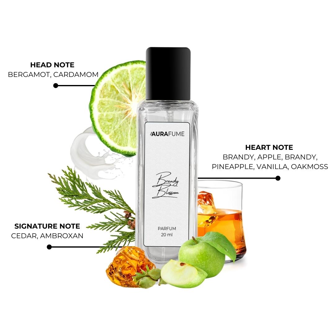 Aurafume Brandy Blossom 20ml Parfum with notes of bergamot, cardamom, brandy, apple, pineapple, vanilla, oakmoss, cedar, and ambroxan.