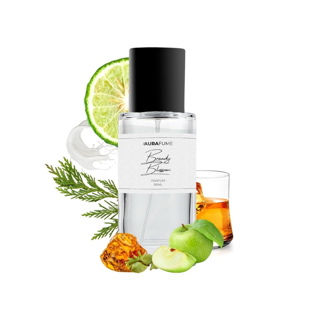 Aurafume Brandy Blossom 50ml Parfum with notes of bergamot, cardamom, brandy, apple, pineapple, vanilla, oakmoss, cedar, and ambroxan.