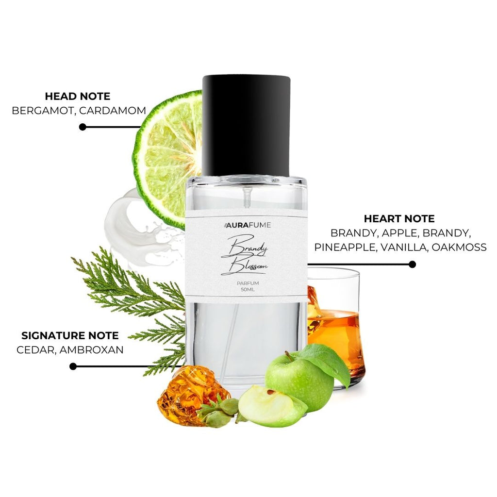 Aurafume Brandy Blossom 50ml Parfum with notes of bergamot, cardamom, brandy, apple, pineapple, vanilla, oakmoss, cedar, and ambroxan.