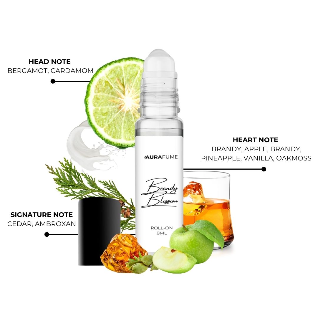 Aurafume Brandy Blossom 8ml roll-on with notes of bergamot, cardamom, brandy, apple, pineapple, vanilla, oakmoss, cedar, and ambroxan.