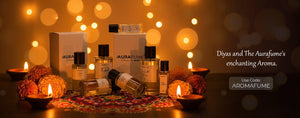 Aurafume products with lit candles and decorative elements on a warm, blurred background.