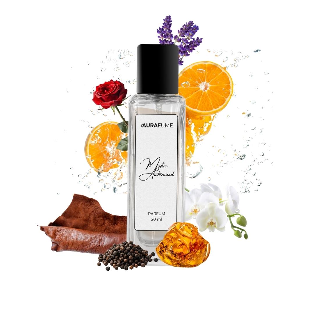 Aurafume Mystic Amberwood Parfum 20ml with rich notes of leather, pepper, jasmine, amber, rose, lavender, and citrus.