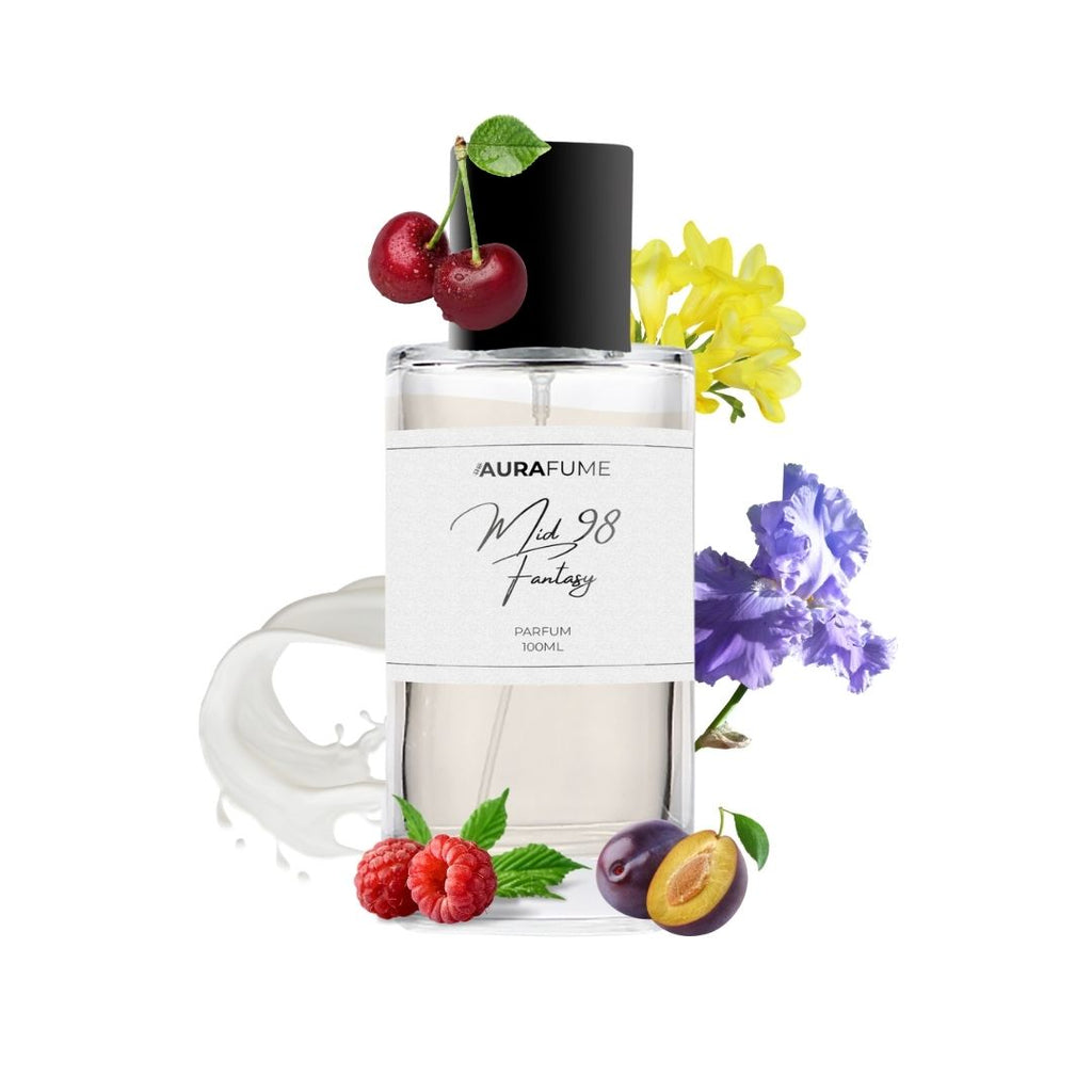 Aurafume Mid 98 Fantasy 100ml Parfum with notes of sour cherry, plum, raspberry, iris, freesia, orchid, vanilla, and musk amber.