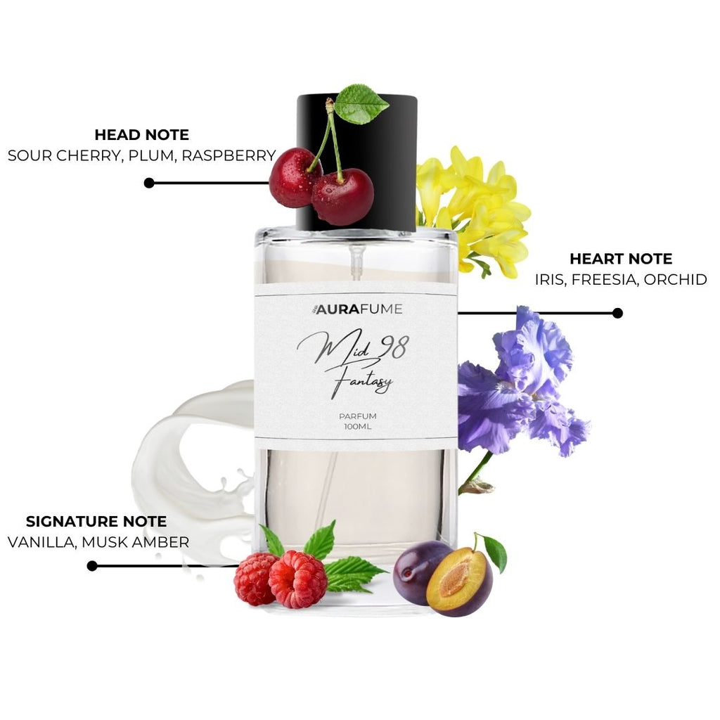Aurafume Mid 98 Fantasy 100ml Parfum with notes of sour cherry, plum, raspberry, iris, freesia, orchid, vanilla, and musk amber.