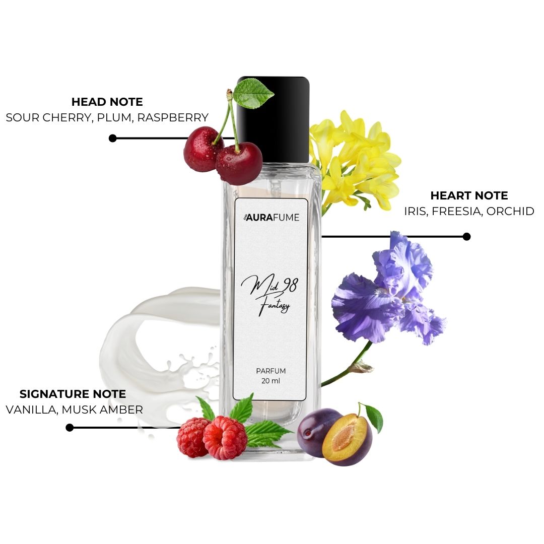 Aurafume Mid 98 Fantasy 20ml Parfum with notes of sour cherry, plum, raspberry, iris, freesia, orchid, vanilla, and musk amber.