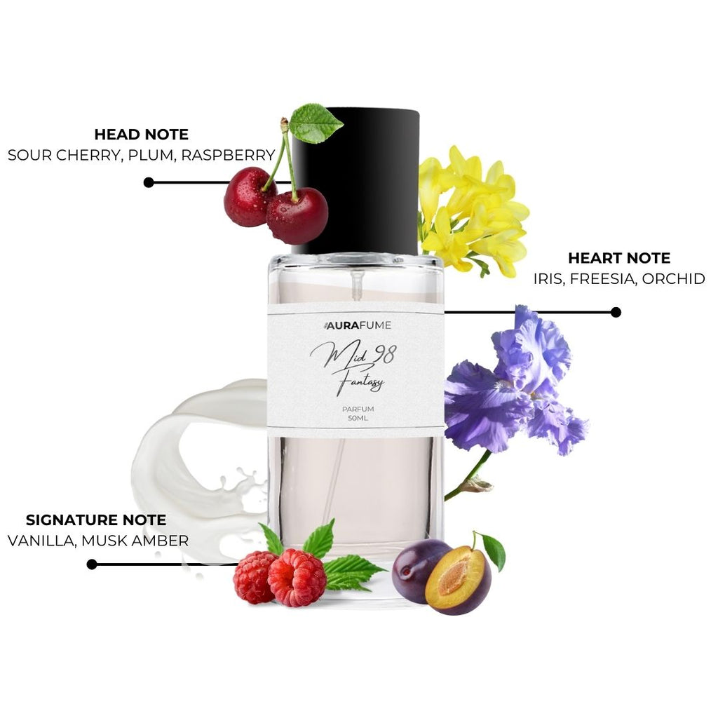 Aurafume Mid 98 Fantasy 50ml Parfum with notes of sour cherry, plum, raspberry, iris, freesia, orchid, vanilla, and musk amber.