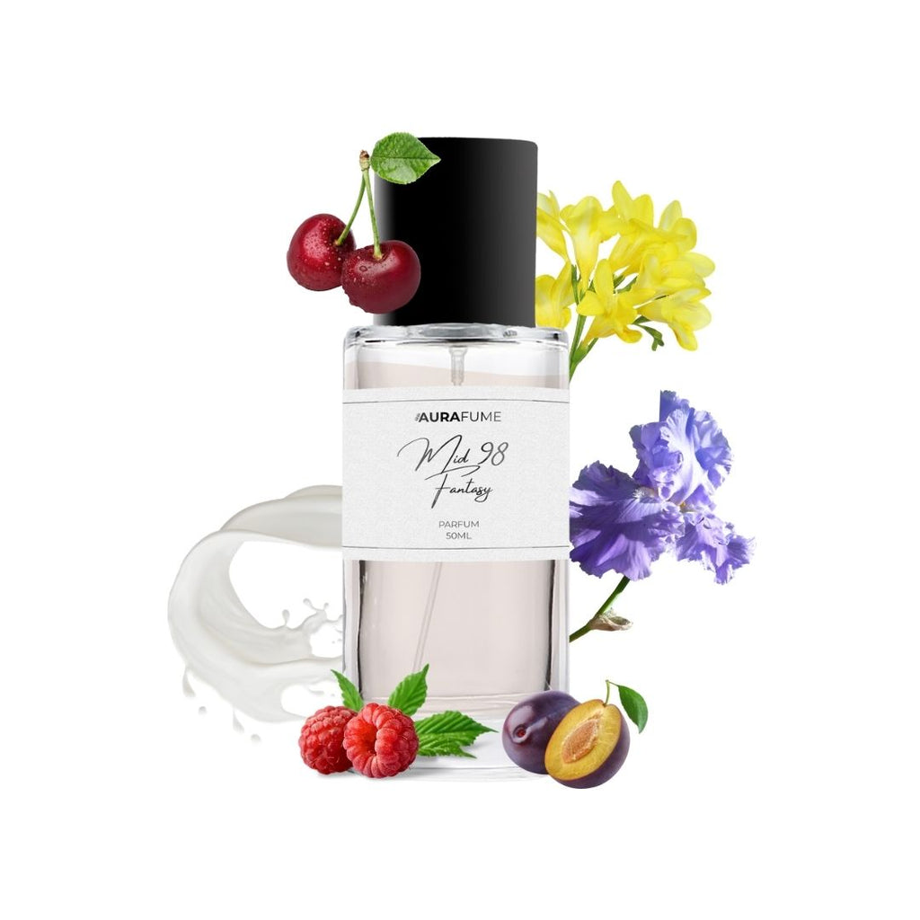 Aurafume Mid 98 Fantasy 50ml Parfum with notes of sour cherry, plum, raspberry, iris, freesia, orchid, vanilla, and musk amber.