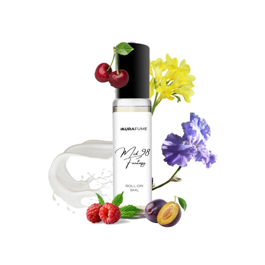 Aurafume Mid 98 Fantasy 8ml roll-on with notes of sour cherry, plum, raspberry, iris, freesia, orchid, vanilla, and musk amber.