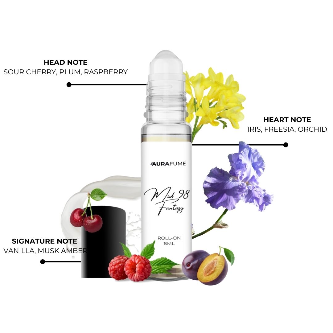Aurafume Mid 98 Fantasy 8ml roll-on with notes of sour cherry, plum, raspberry, iris, freesia, orchid, vanilla, and musk amber.
