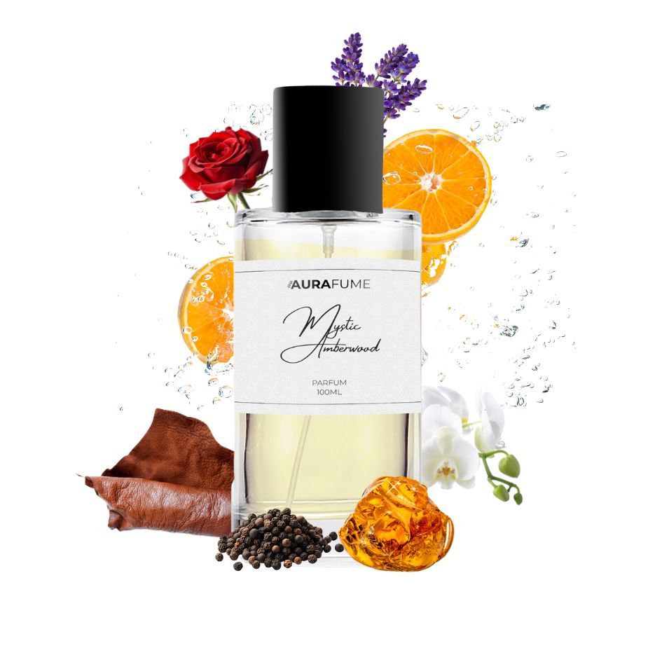 Aurafume Mystic Amberwood Parfum 100ml with rich notes of leather, pepper, jasmine, amber, rose, lavender, and citrus.
