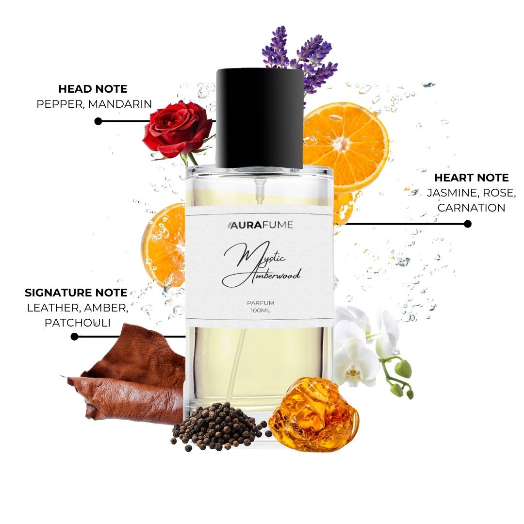 Aurafume Mystic Amberwood 100ml Parfum with notes of pepper, mandarin, jasmine, rose, carnation, leather, amber, and patchouli.