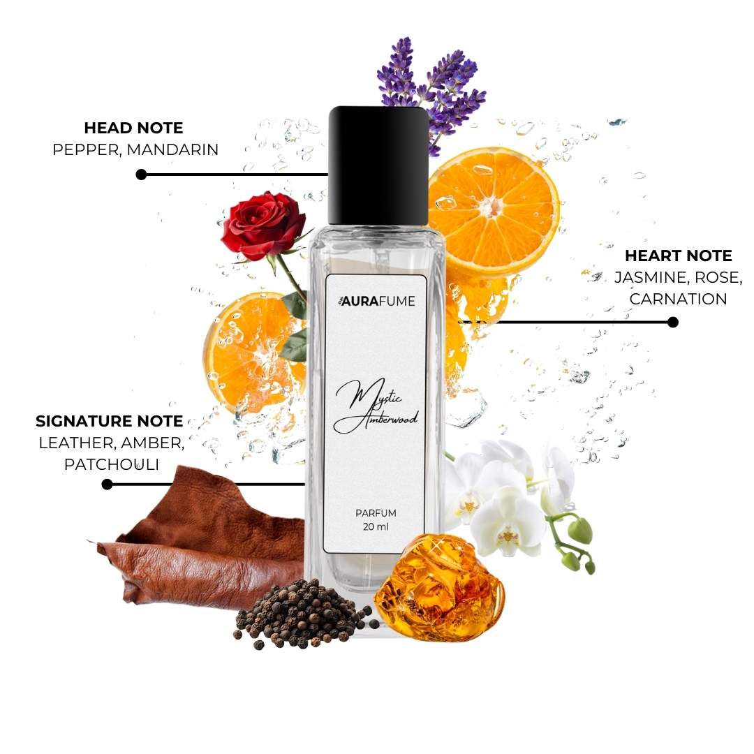 Aurafume Mystic Amberwood 20ml Parfum with notes of pepper, mandarin, jasmine, rose, carnation, leather, amber, and patchouli.