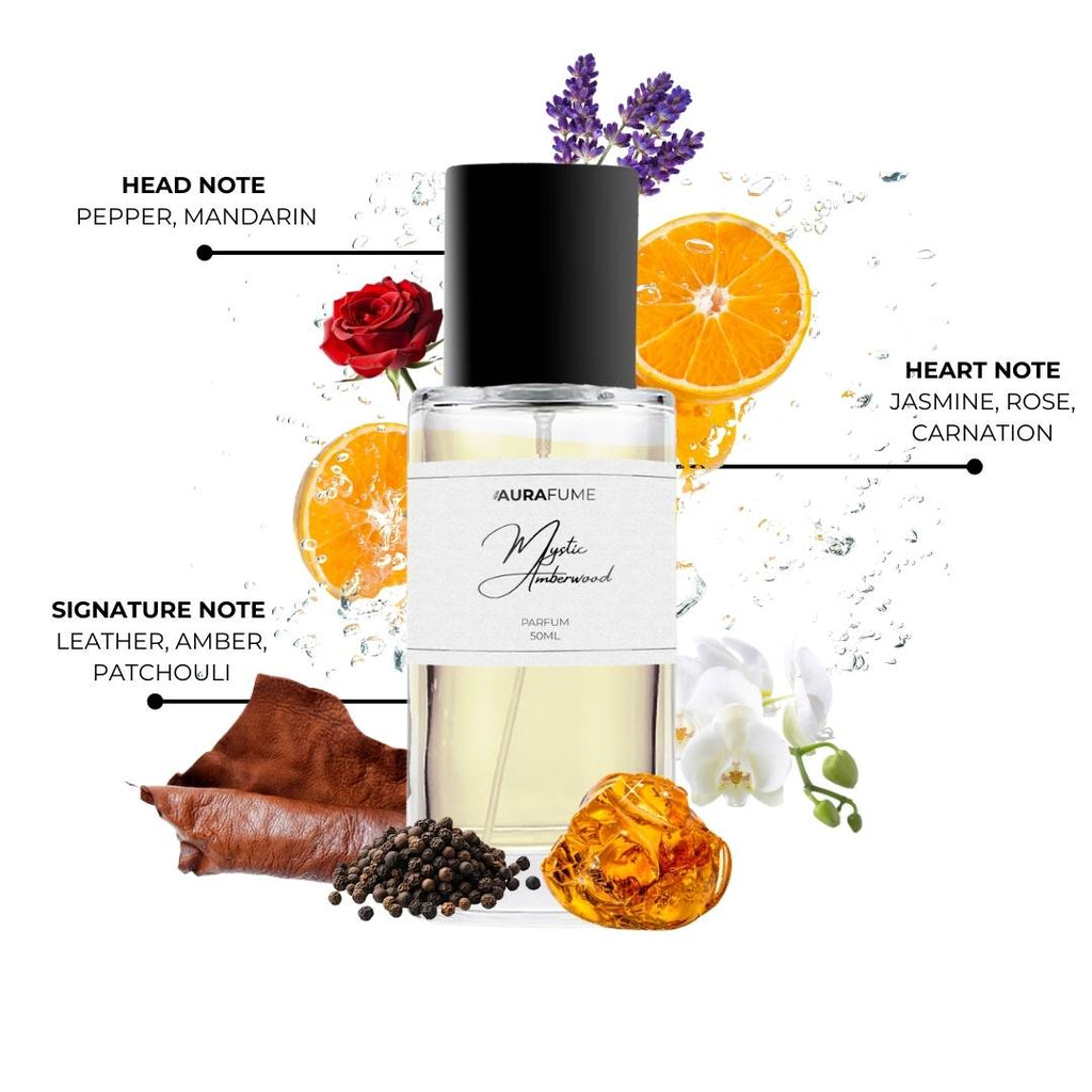 Aurafume Mystic Amberwood 50ml Parfum with notes of pepper, mandarin, jasmine, rose, carnation, leather, amber, and patchouli.
