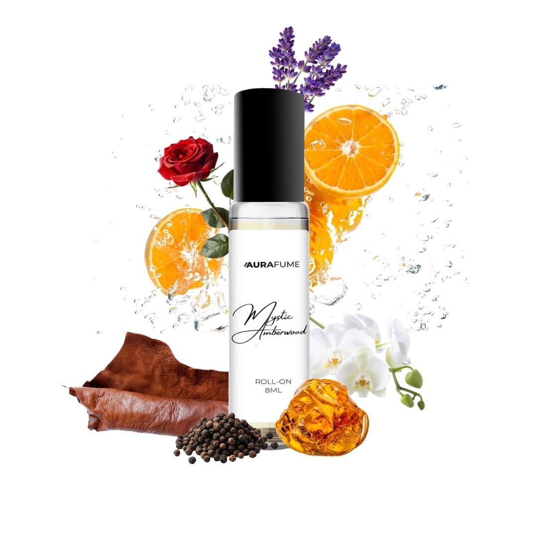 Aurafume Mystic Amberwood roll-on 8ml with rich notes of leather, pepper, jasmine, amber, rose, lavender, and citrus.