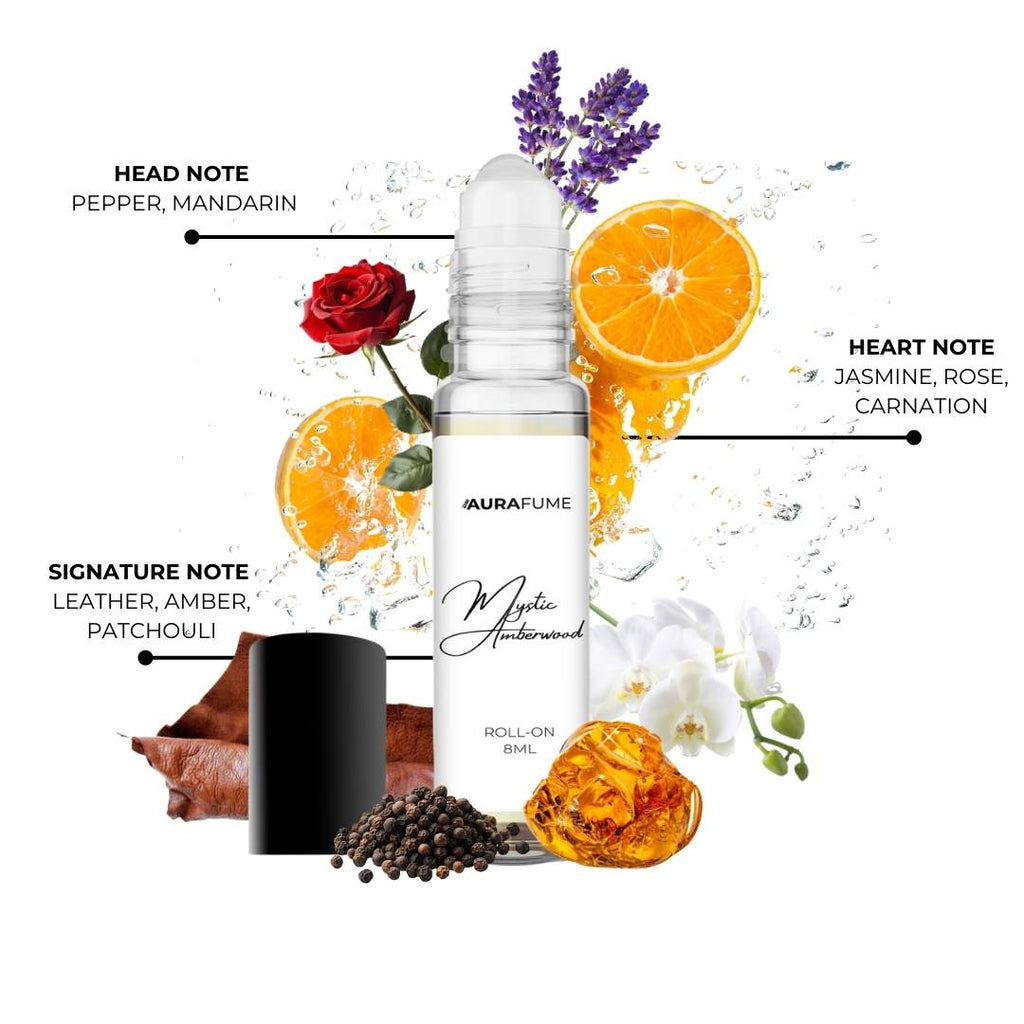 Aurafume Mystic Amberwood 8ml roll-on with notes of pepper, mandarin, jasmine, rose, carnation, leather, amber, and patchouli.